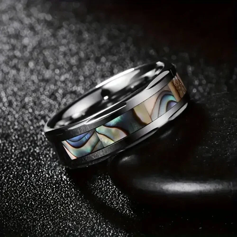 Tungsten Steel Carbide & Abalone Carbon Inlay Design statement Ring